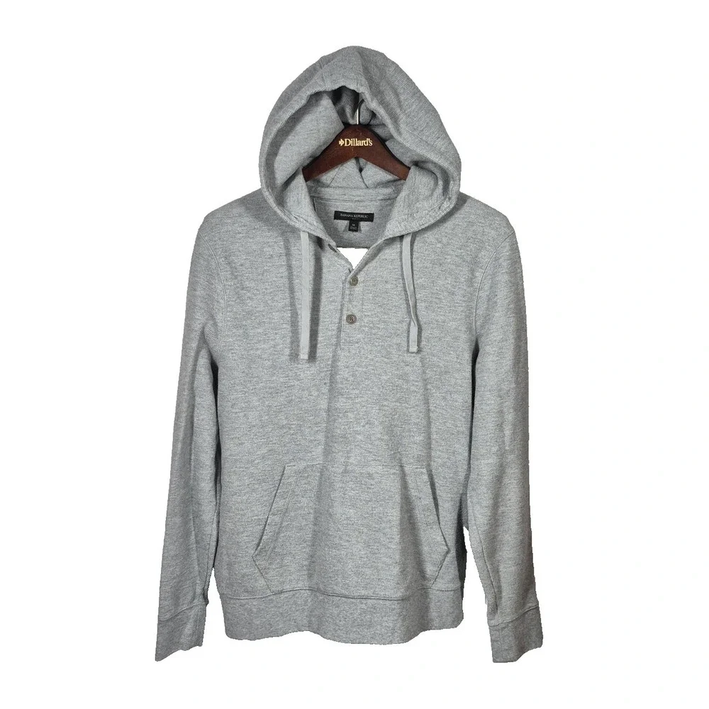 Banana Republic Henley Hoodie Pullover Mens Medium Gray Button Sweatshirt Pocket